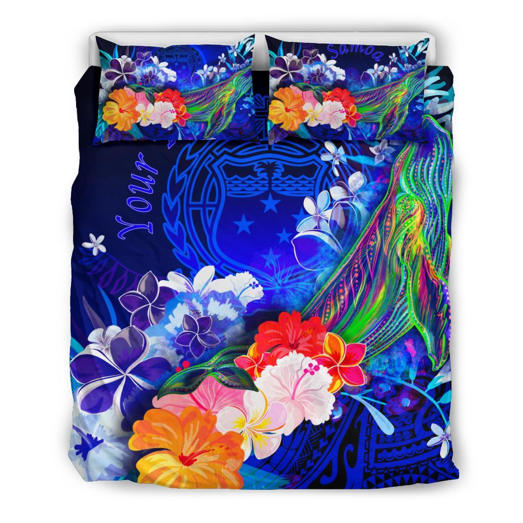 Custom Personalised Samoa Bedding Set - Humpback Whale with Tropical Flowers (Blue) - Polynesian Pride