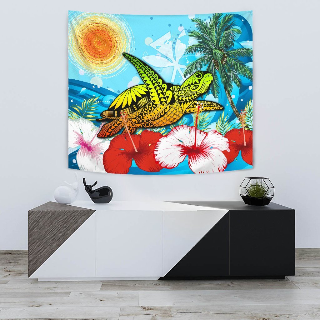 Hawaii Turtle Sea Hibiscus Tapestry - Sun Style Wall Tapestry Small 60" x 51" Blue - Polynesian Pride