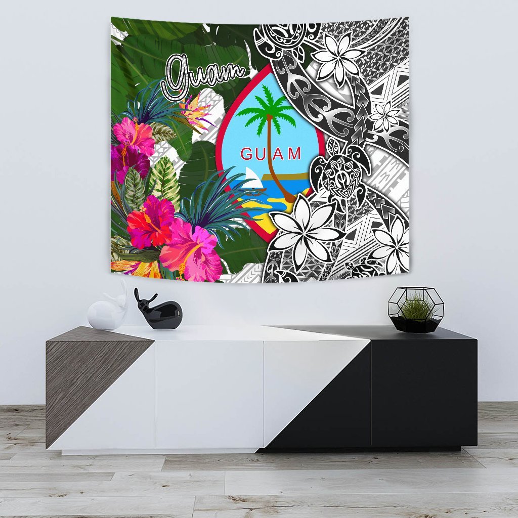 Guam Tapestry White - Turtle Plumeria Banana Leaf - Polynesian Pride