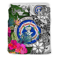Northern Mariana Islands Custom Personalised Bedding Set White - Turtle Plumeria Banana Leaf - Polynesian Pride