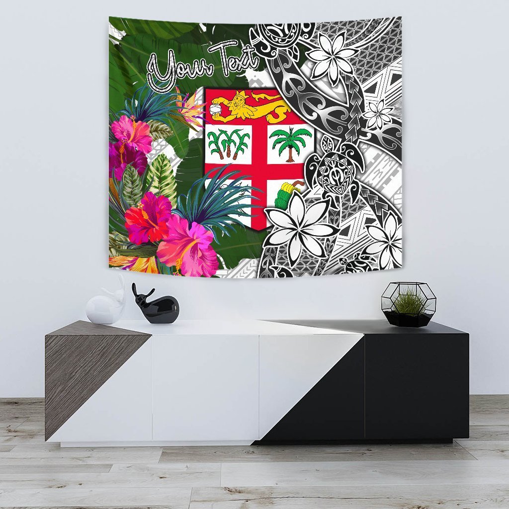 Fiji Custom Personalised Tapestry White - Turtle Plumeria Banana Leaf - Polynesian Pride