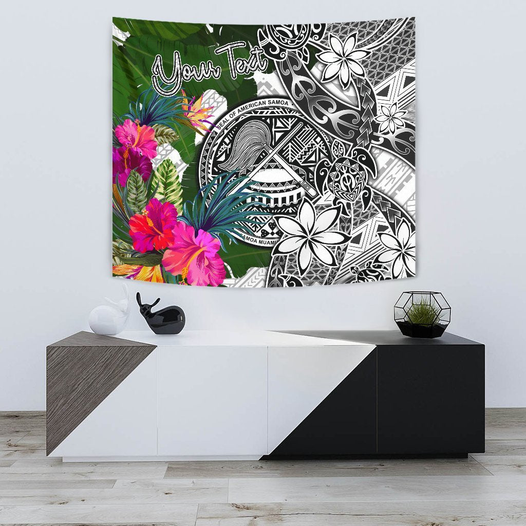 American Samoa Custom Personalised Tapestry White - Turtle Plumeria Banana Leaf - Polynesian Pride