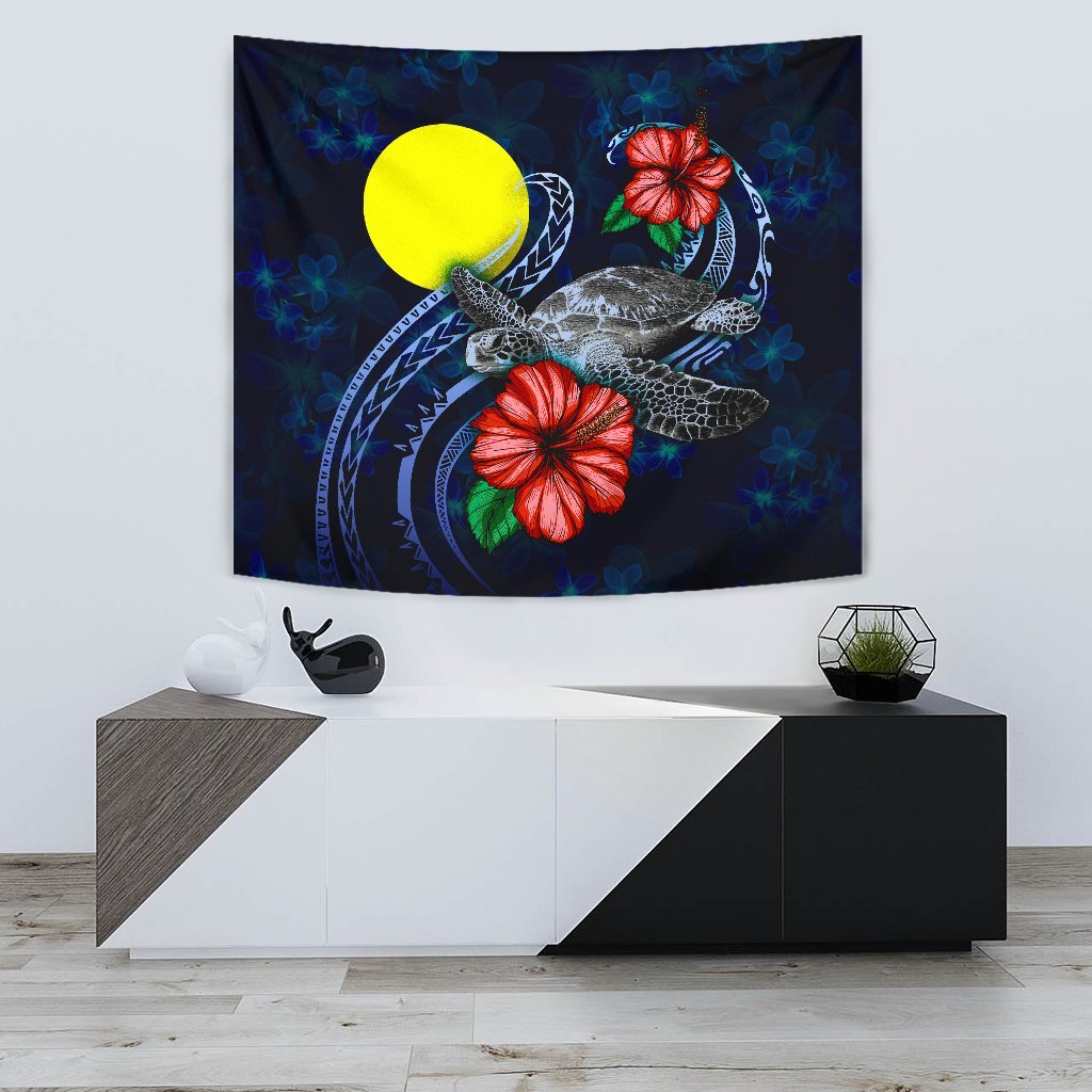 Palau Polynesian Tapestry - Blue Turtle Hibiscus One Style Small 60" x 51" Blue - Polynesian Pride