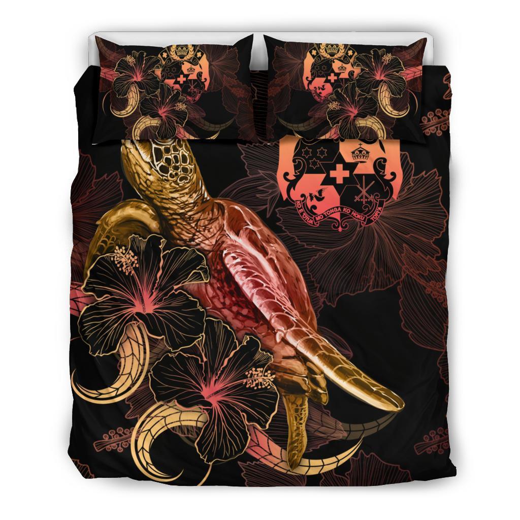 Tuvalu Polynesian Bedding Set - Turtle With Blooming Hibiscus Gold - Polynesian Pride