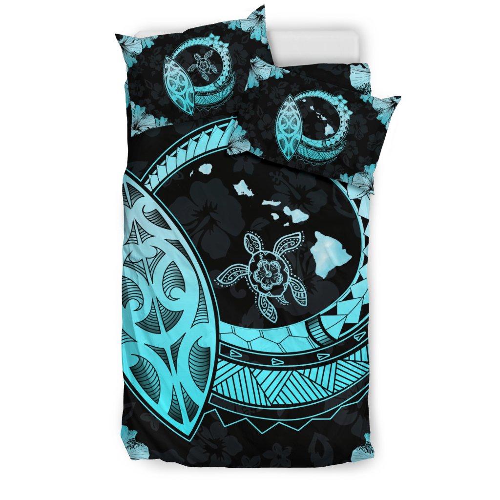 Hawaiian Map Hibiscus Plumeria Turtle Polynesian Bedding Set Celadon - Polynesian Pride