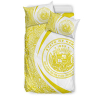 Hawaiian Map Coat Of Arms Polynesian Bedding Set - Circle Style Yellow And White - Polynesian Pride