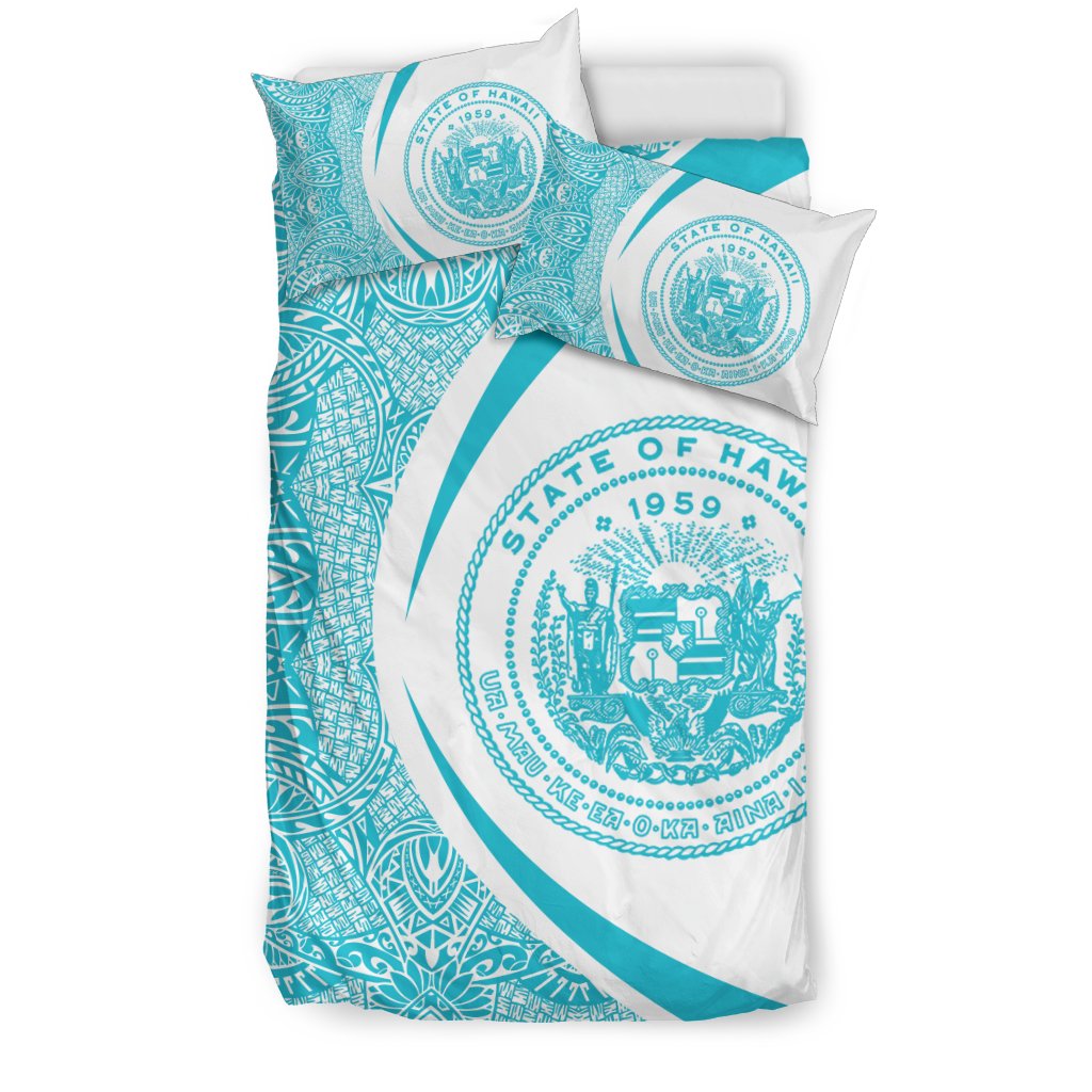 Hawaiian Map Coat Of Arms Polynesian Bedding Set - Circle Style Blue And White - Polynesian Pride
