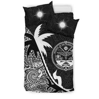 Marshall Islands Duvet Cover Set - Marshall Islands Coat Of Arms & Coconut Tree Black White - Polynesian Pride