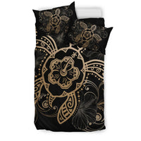 Hawaiian Hibiscus Turtle Wave Polynesian Bedding Set Gold - Polynesian Pride