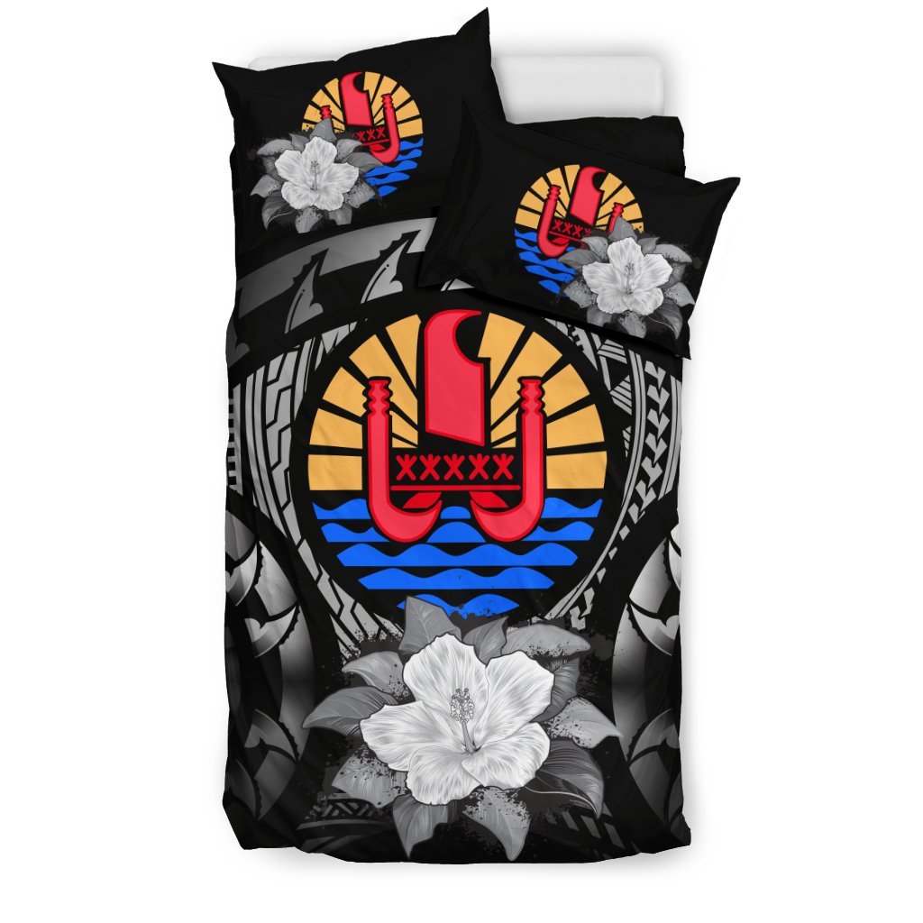 Tahiti Duvet Cover Set - Tahiti Flag & Gray Hibiscus - Polynesian Pride