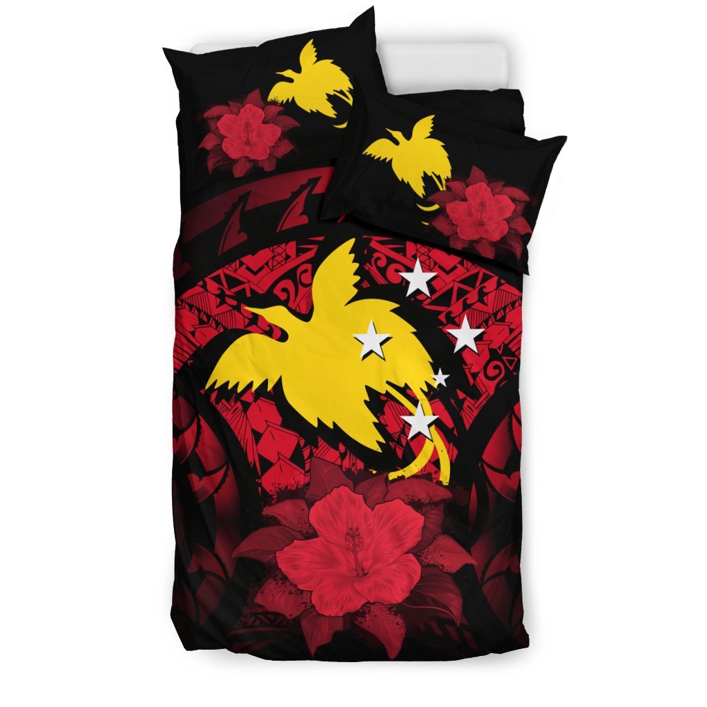 Papua New Guinea Duvet Cover Set - Papua New Guinea Flag & Red Hibiscus - Polynesian Pride