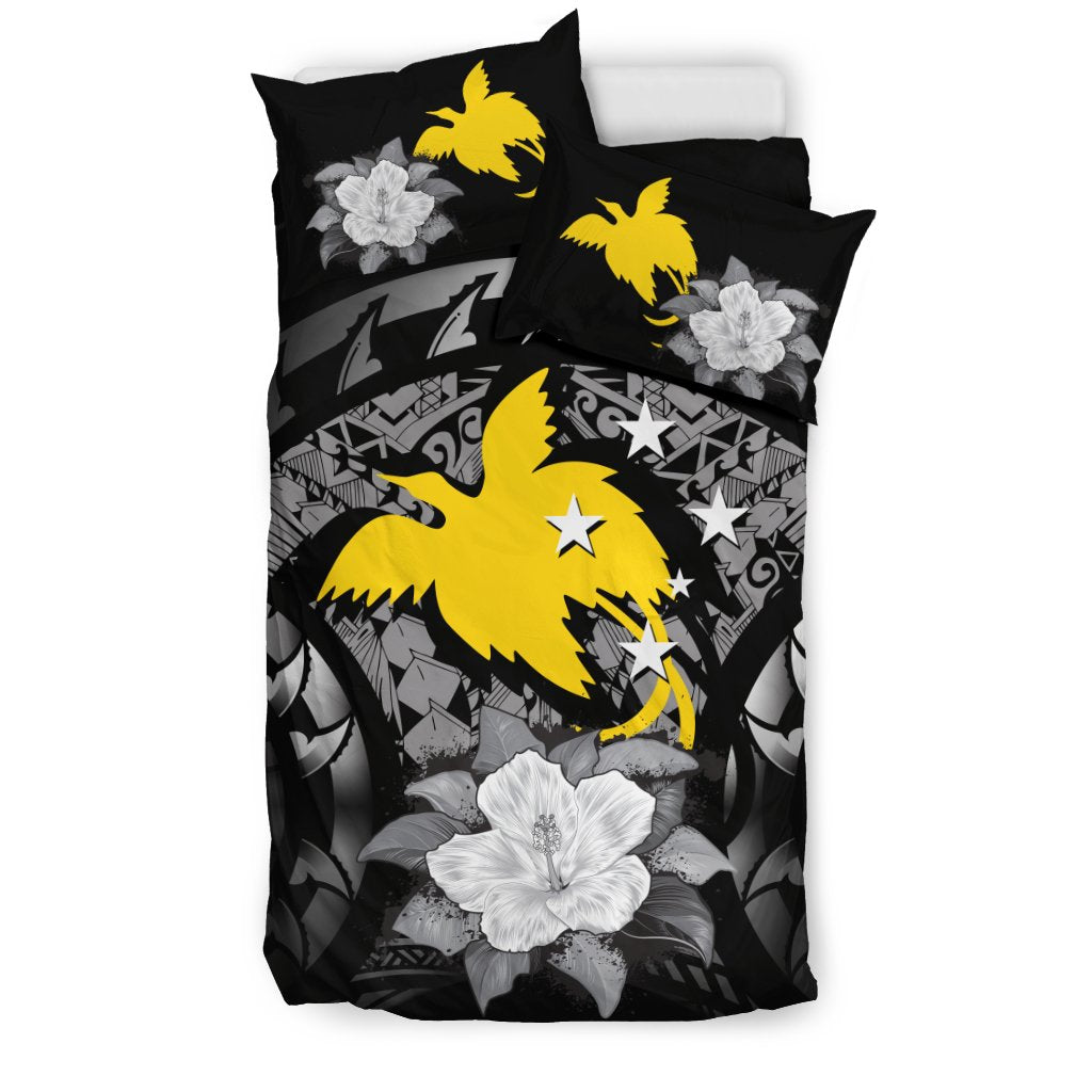 Papua New Guinea Duvet Cover Set - Papua New Guinea Flag Gray Hibiscus - Polynesian Pride