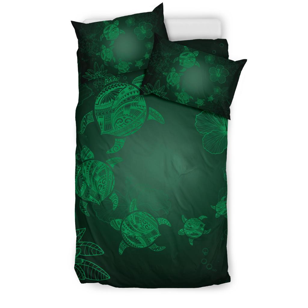 Hawaiian Plumeria Hibiscus Turtle Under The Sea Polynesian Bedding Set Green - Polynesian Pride