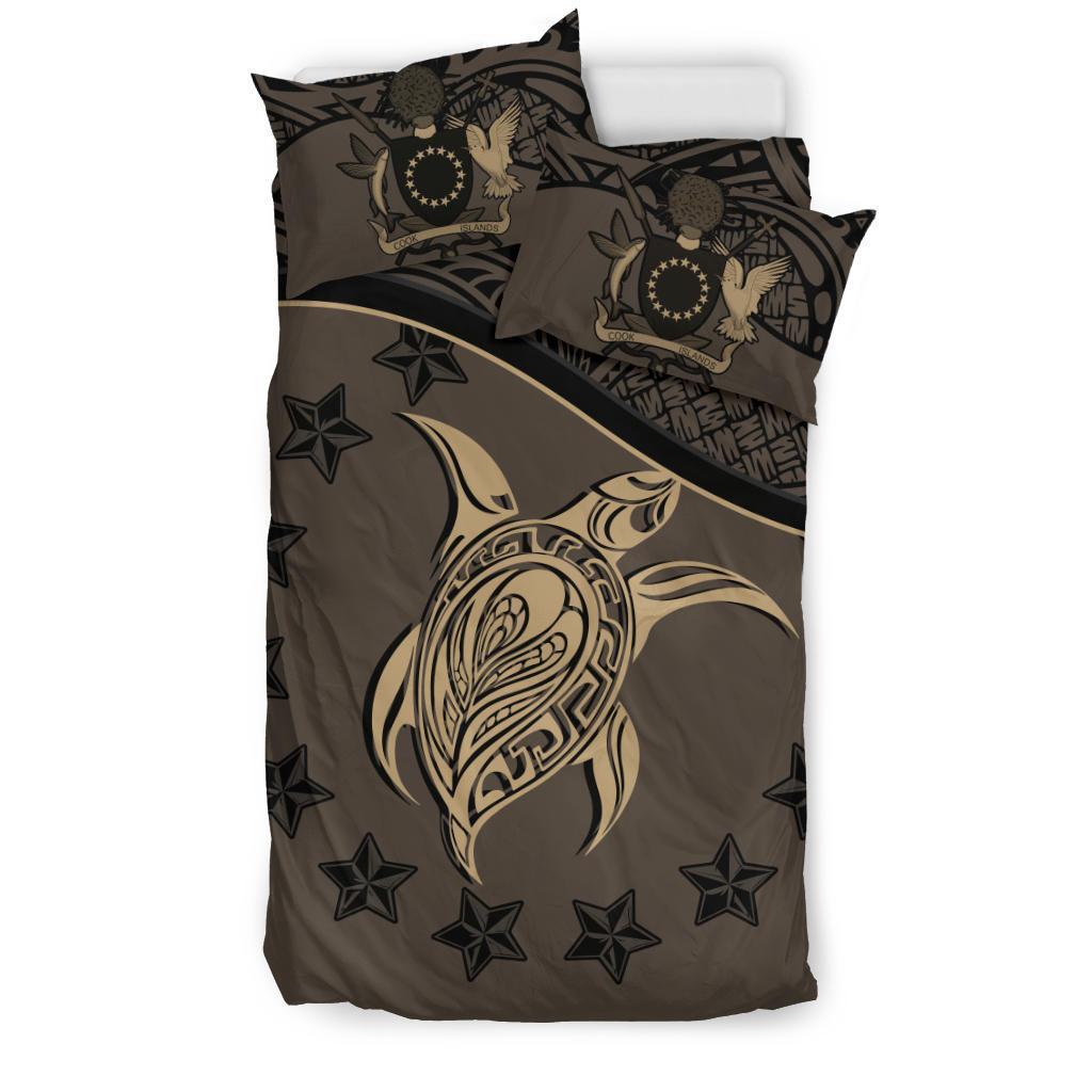 Cook Island Duvet Cover Set - Cook Island Flag & Turtle Tattoo Brown - Polynesian Pride