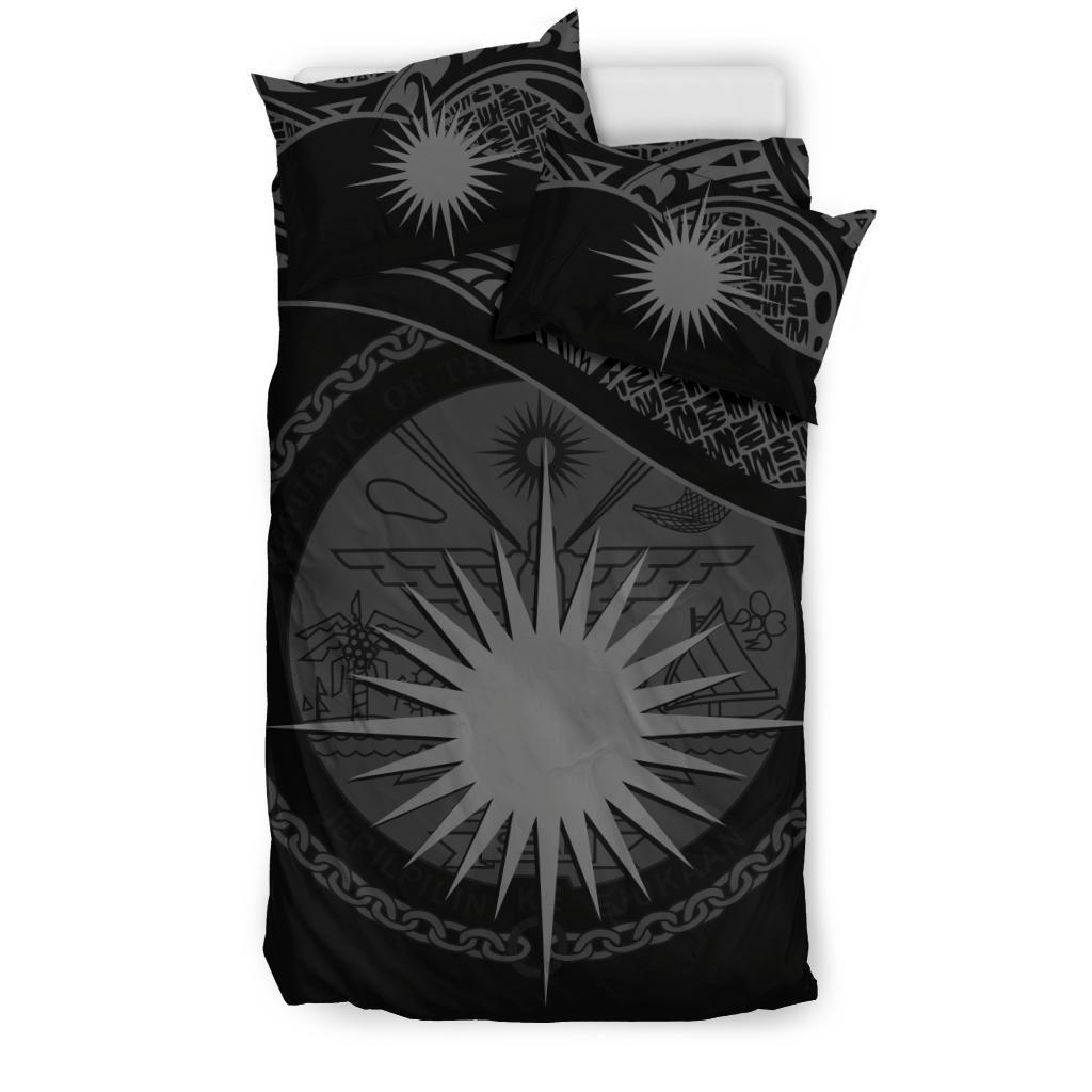 Marshall Island Duvet Cover Set - Marshall Island Coat Of Arms & Flag Black - Polynesian Pride
