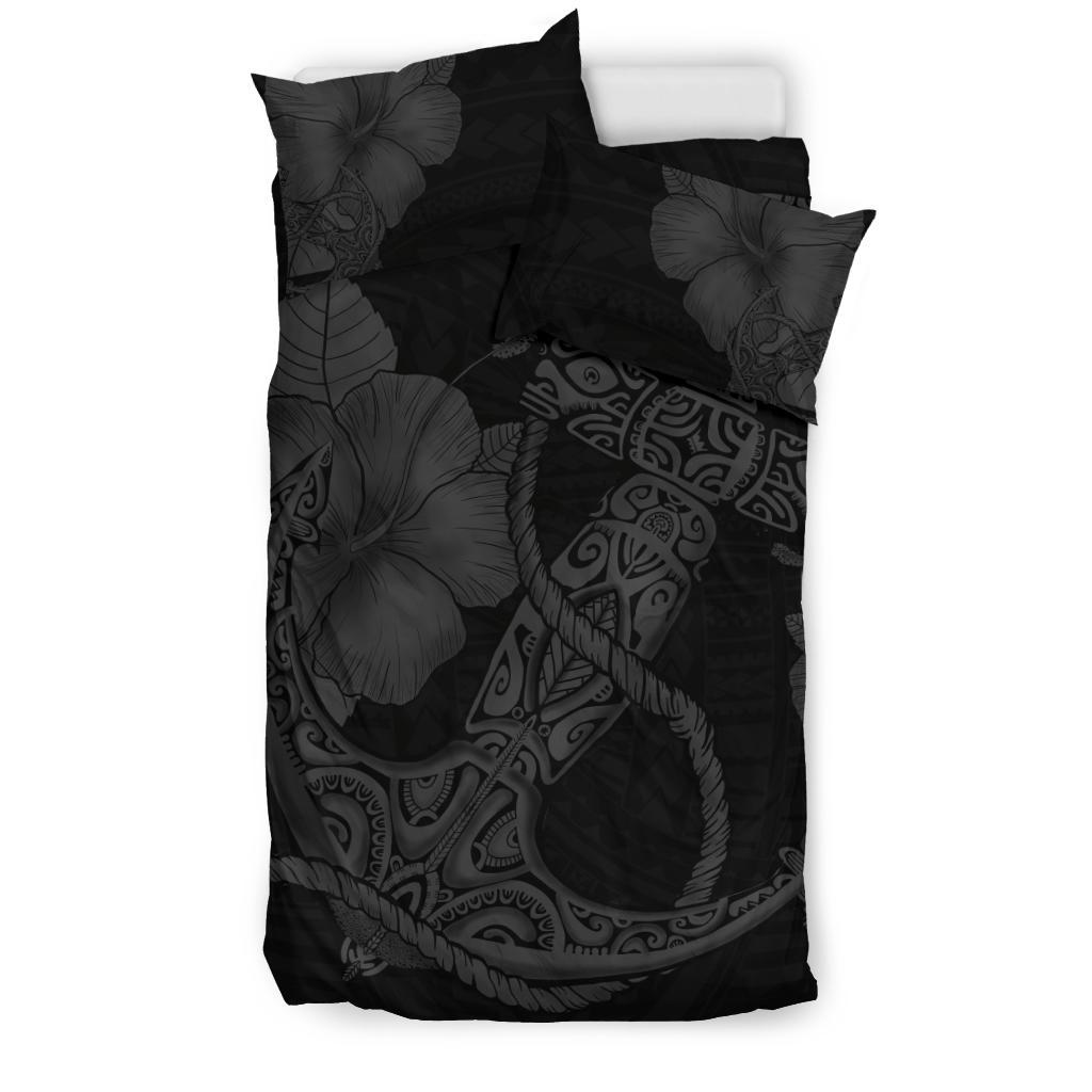 Hawaiian Anchor Poly Tribal Hibiscus Polynesian Bedding Set Gray - Polynesian Pride