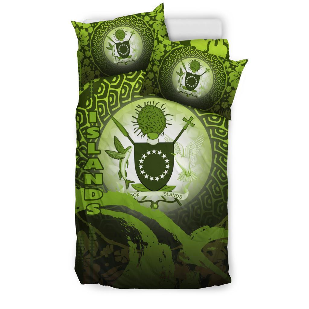 Cook Islands Duvet Cover Set - Cook Islands Coat Of Arms Wave and Hibiscus Green - Polynesian Pride