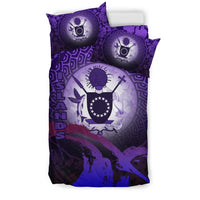 Cook Islands Duvet Cover Set - Cook Islands Coat Of Arms Wave and Hibiscus Purple - Polynesian Pride