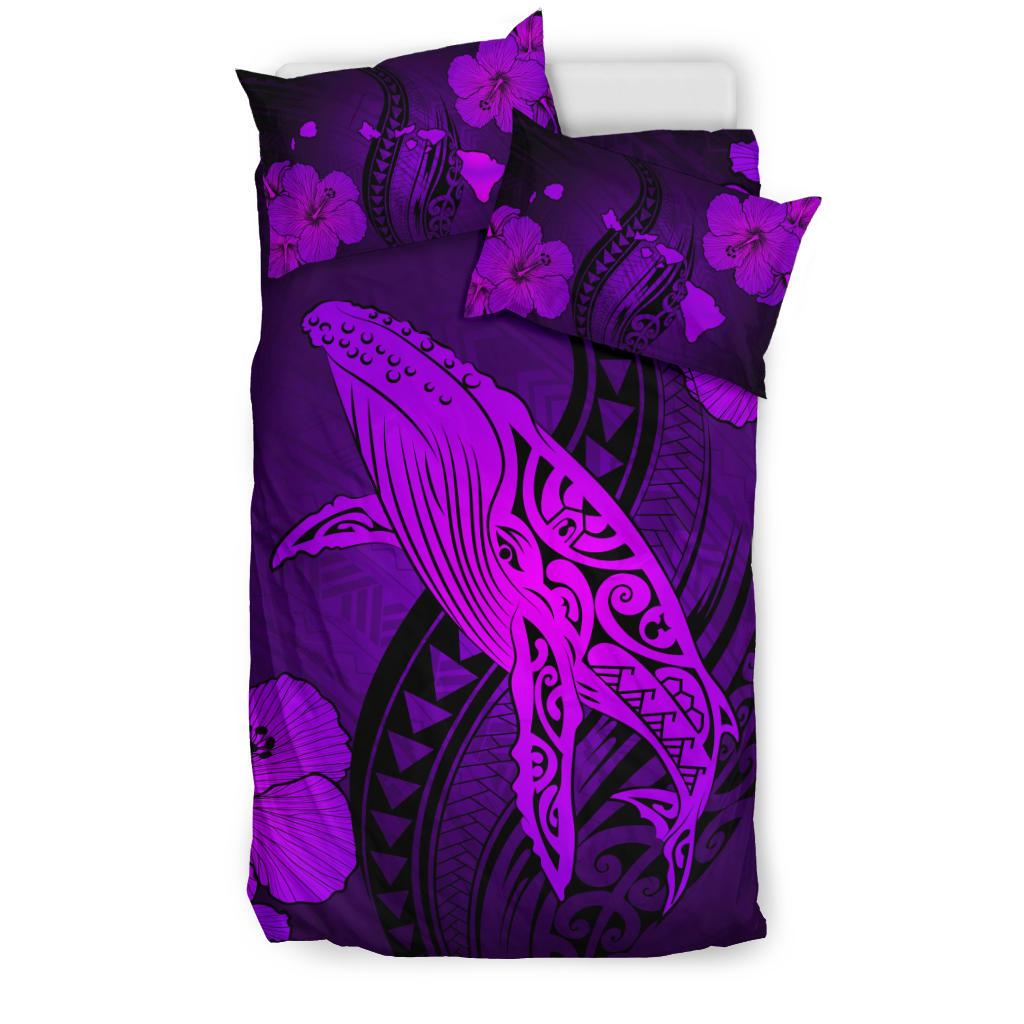 Hawaiian Map Whale Swim Hibiscus Polynesian Bedding Set - Purple - Polynesian Pride