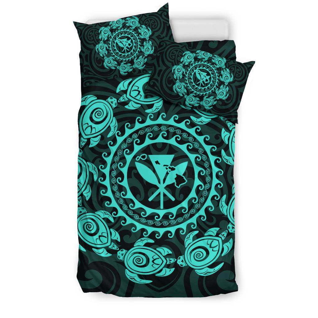 Hawaiian Map Kanaka Turtles Circle Style Turquoise Polynesian Bedding Set - Polynesian Pride