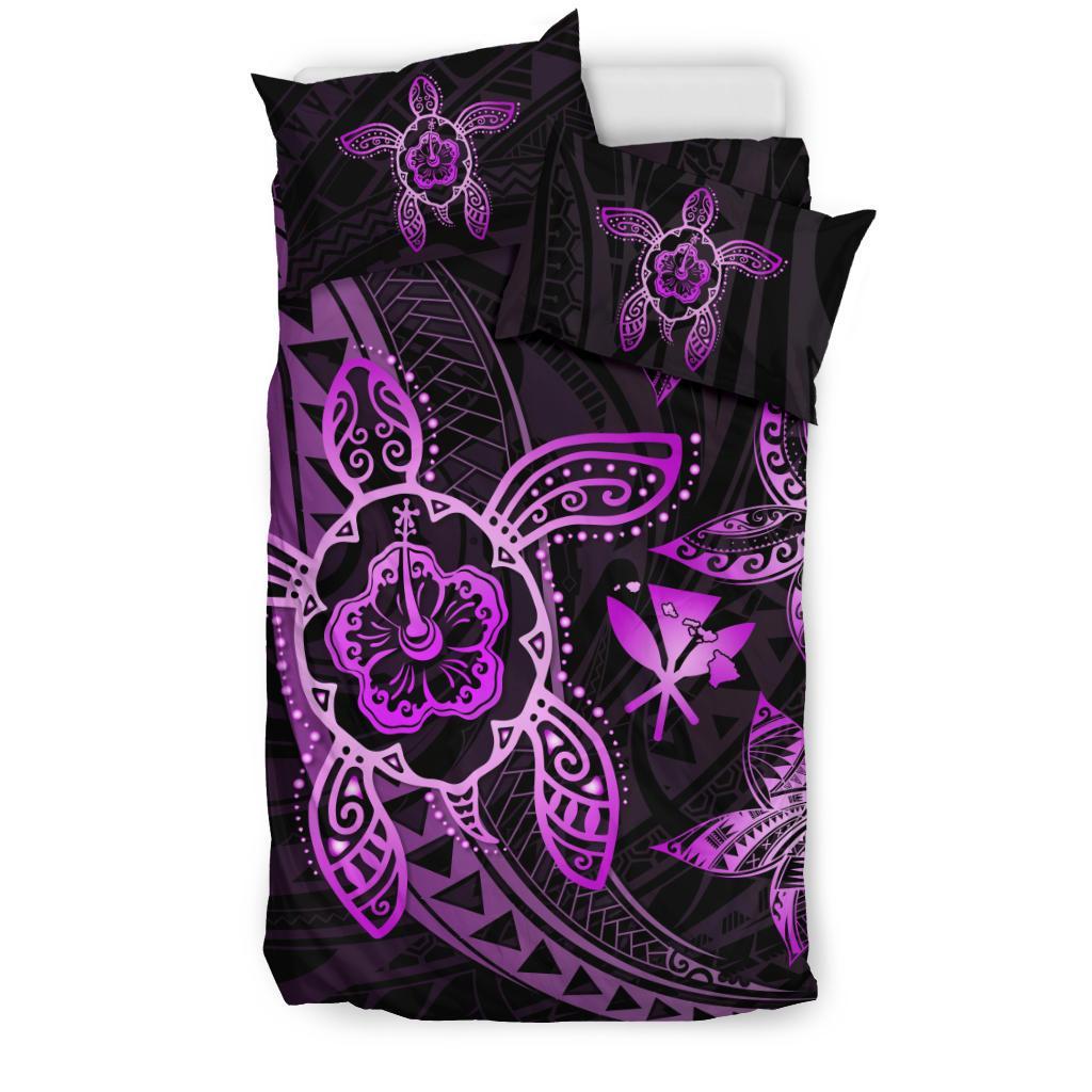 Hawaiian Map Art Turtle Kanaka Hibiscus Plumeria Pink Polynesian Bedding Set - Polynesian Pride