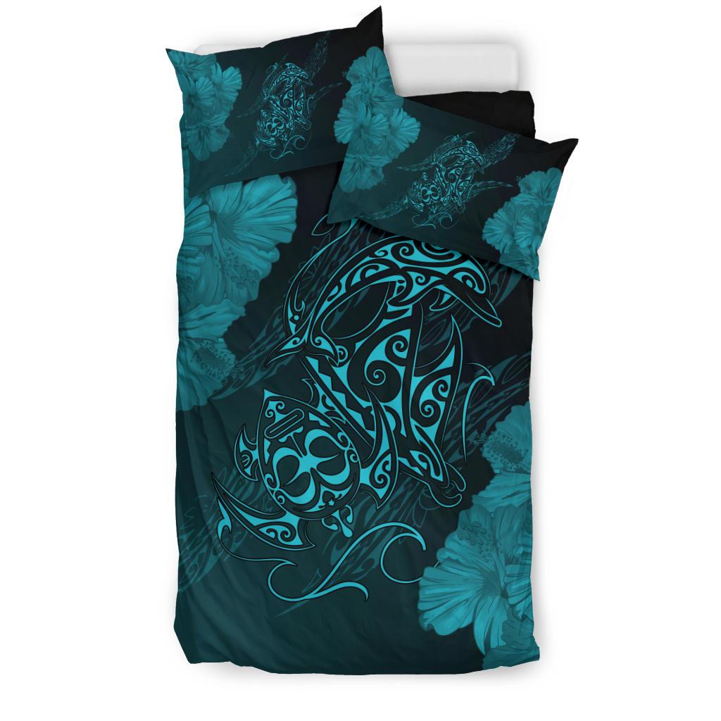 Hawaiian Hibiscus Dolphin Manta Ray Turtle Polynesian Bedding Set Waves Blue - Polynesian Pride