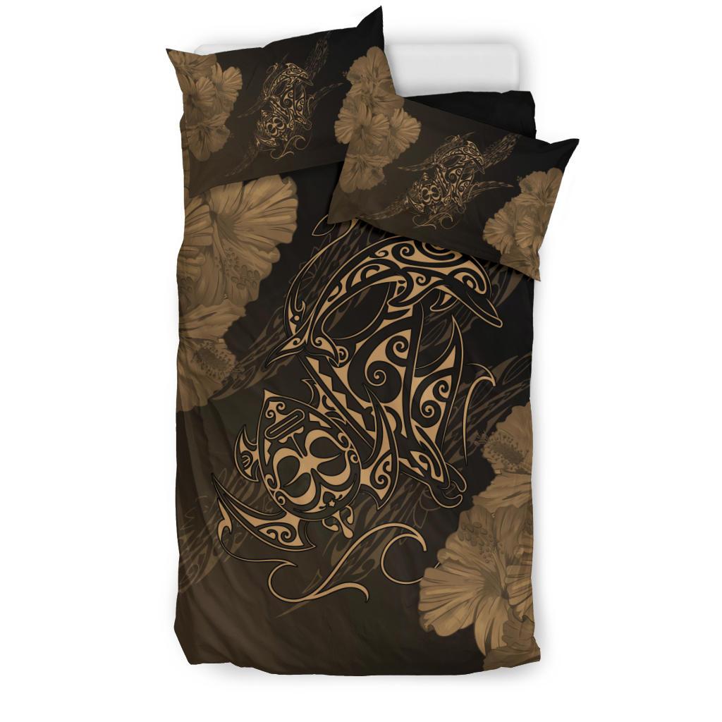 Hawaiian Hibiscus Dolphin Manta Ray Turtle Polynesian Bedding Set Waves Gold - Polynesian Pride
