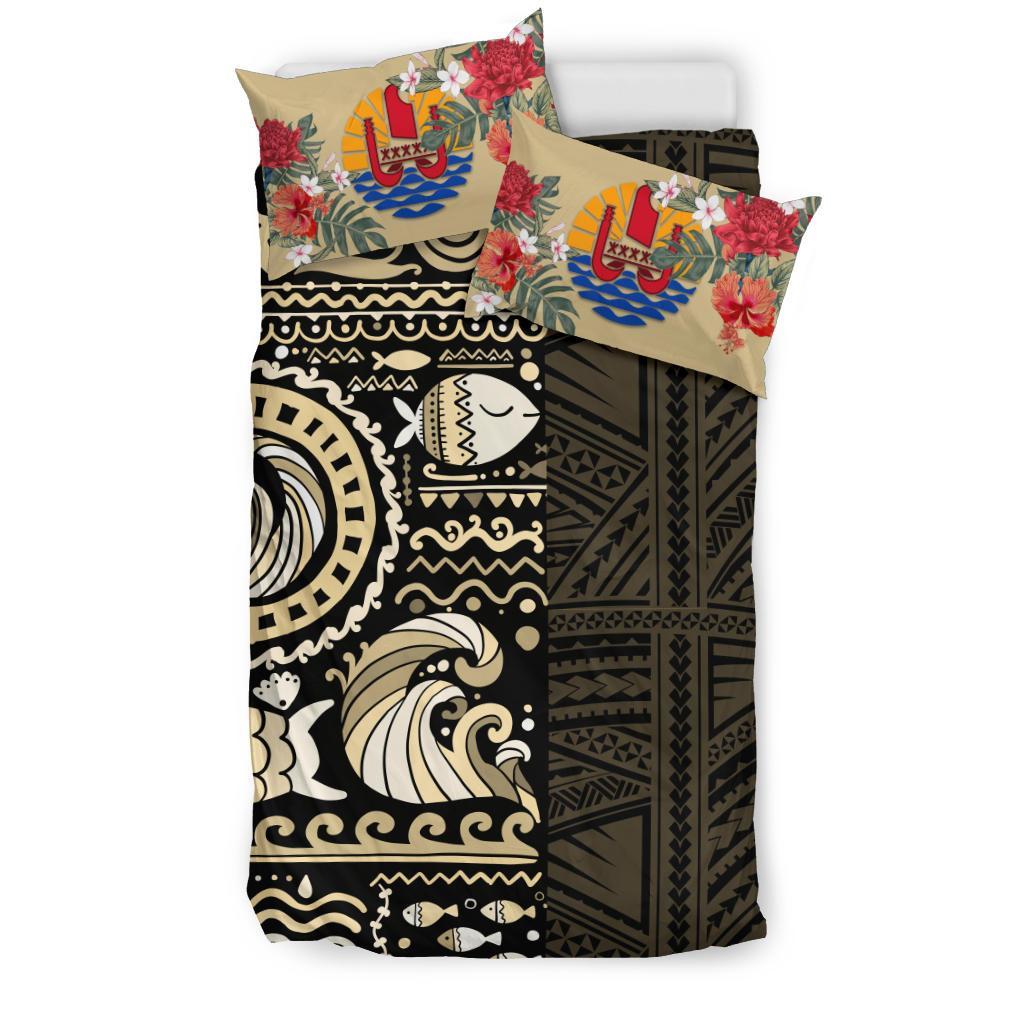 Polynesian Duvet Cover Set - Tahiti Bedding Set Gold Polynesian Hibiscus Tribal Style - Polynesian Pride