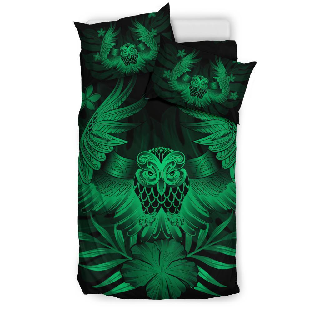 Hawaiian Owl Hibiscus Plumeria Polynesian Bedding Set - Green - Polynesian Pride