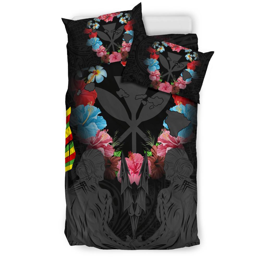 Hawaii Map Kanaka Two Men Holding Flag Bedding Set - AH - Grey - Polynesian Pride