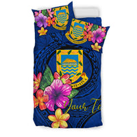 Polynesian Custom Personalised Bedding Set - Tuvalu Duvet Cover Set Floral With Seal Blue - Polynesian Pride