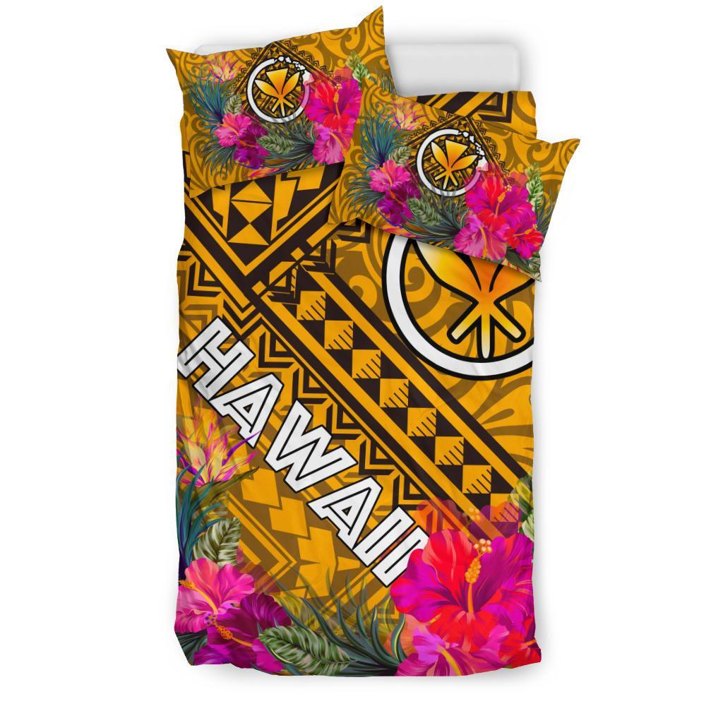 Hawaii Bedding Set - Kanaka Maoli With Hibiscus On Polynesian Patterns (YELLOW) - Polynesian Pride
