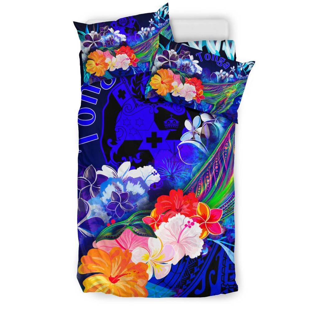 Tonga Bedding Set - Humpback Whale with Tropical Flowers (Blue) - Polynesian Pride