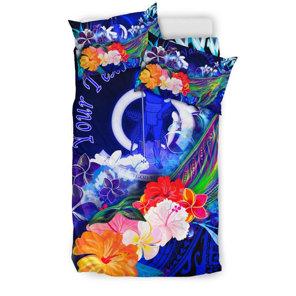 Vanuatu Custom Personalised Bedding Set - Humpback Whale with Tropical Flowers (Blue) - Polynesian Pride