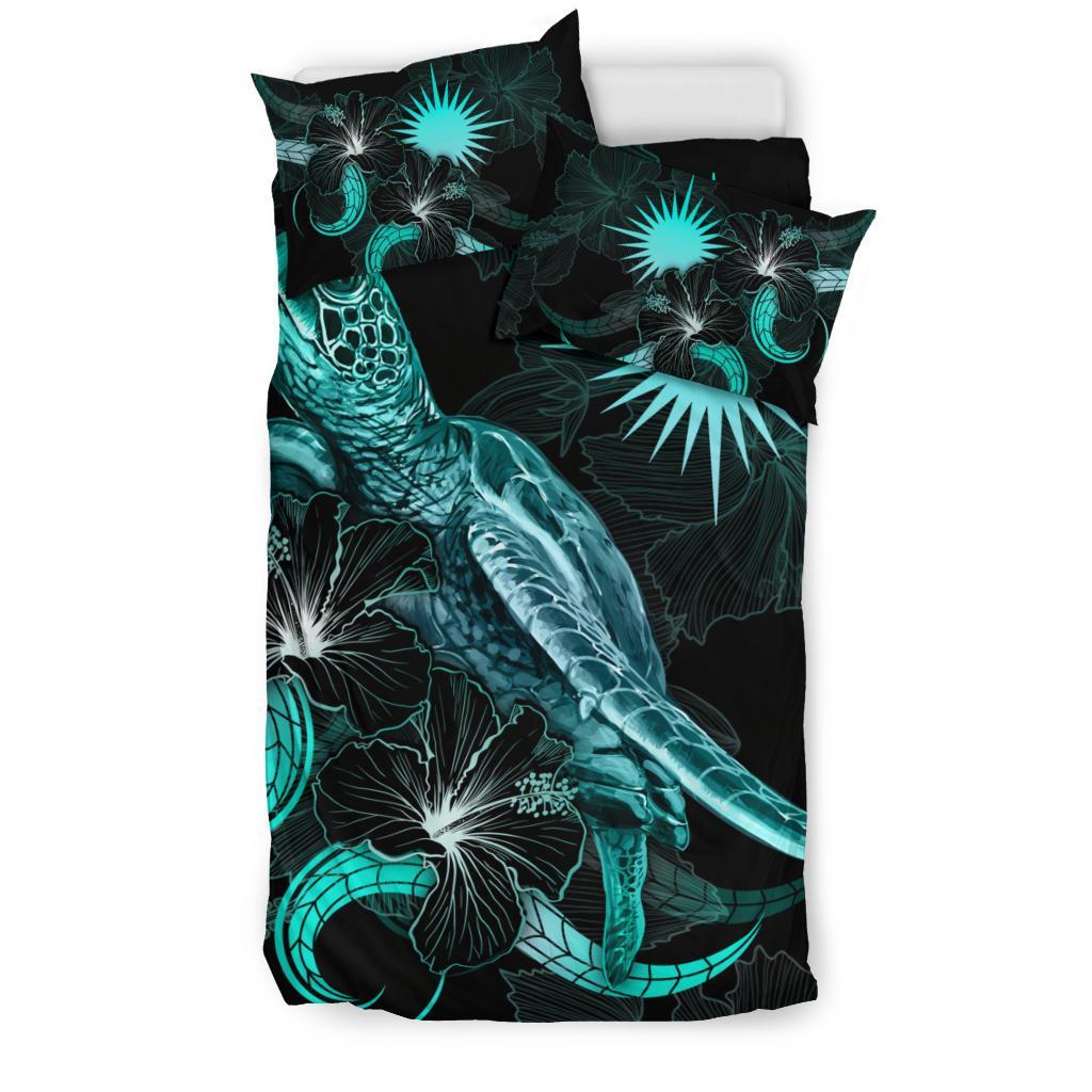 Marshall Islands Polynesian Bedding Set - Turtle With Blooming Hibiscus Turquoise - Polynesian Pride