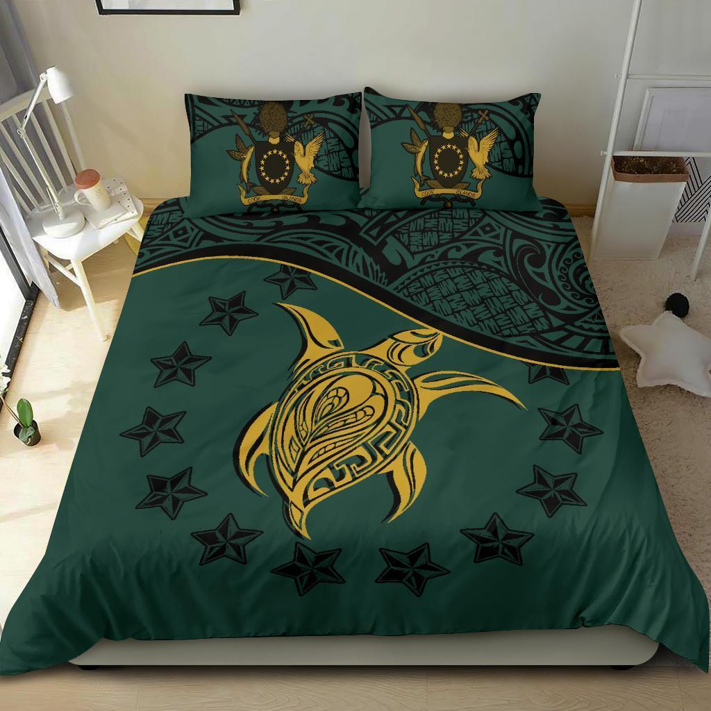 Cook Island Duvet Cover Set - Cook Island Flag & Turtle Tattoo Dark Green - Polynesian Pride