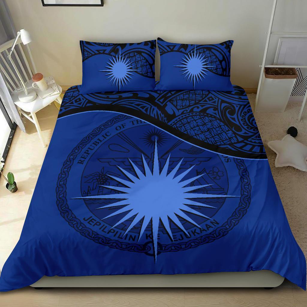 Marshall Island Duvet Cover Set - Marshall Island Coat Of Arms & Flag Dark Blue - Polynesian Pride