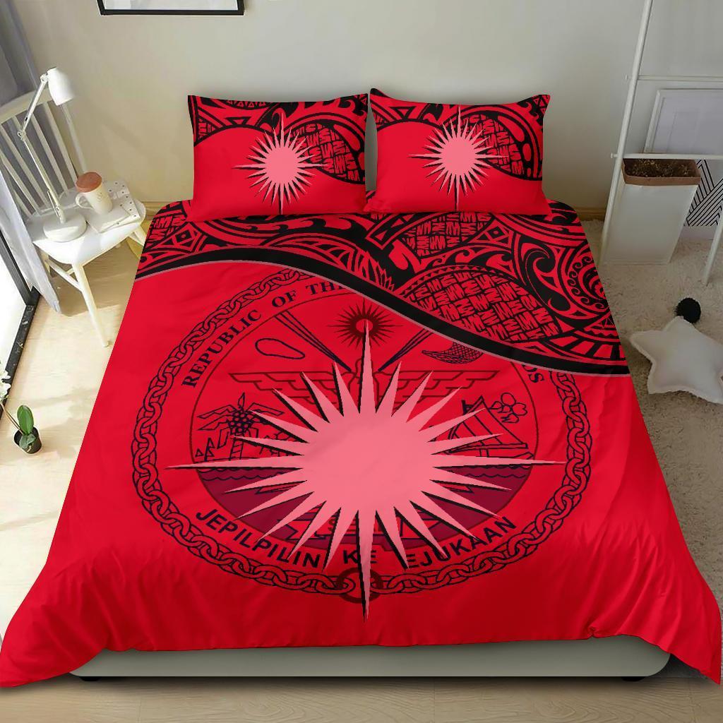 Marshall Island Duvet Cover Set - Marshall Island Coat Of Arms & Flag Red - Polynesian Pride