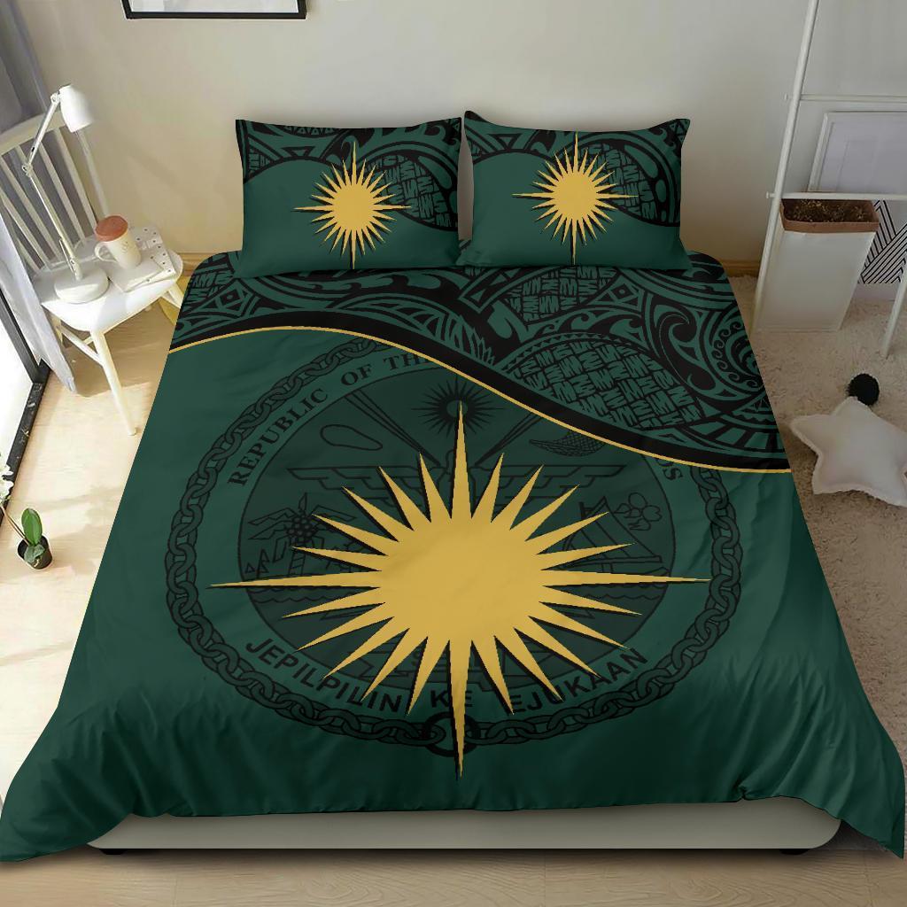 Marshall Island Duvet Cover Set - Marshall Island Coat Of Arms & Flag Green - Polynesian Pride
