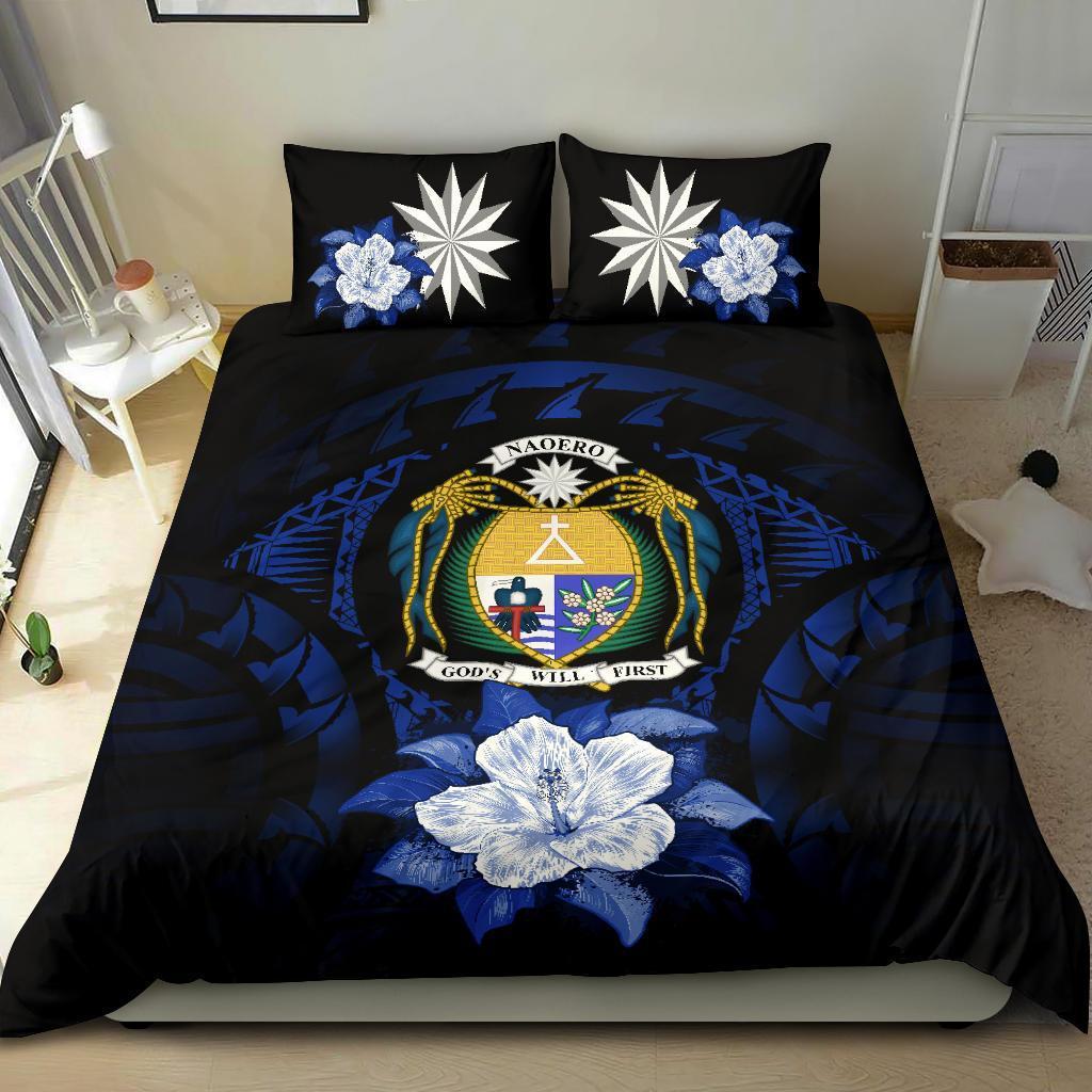 Nauru Duvet Cover Set - Nauru Coat Of Arms & Dark Blue Hibiscus - Polynesian Pride