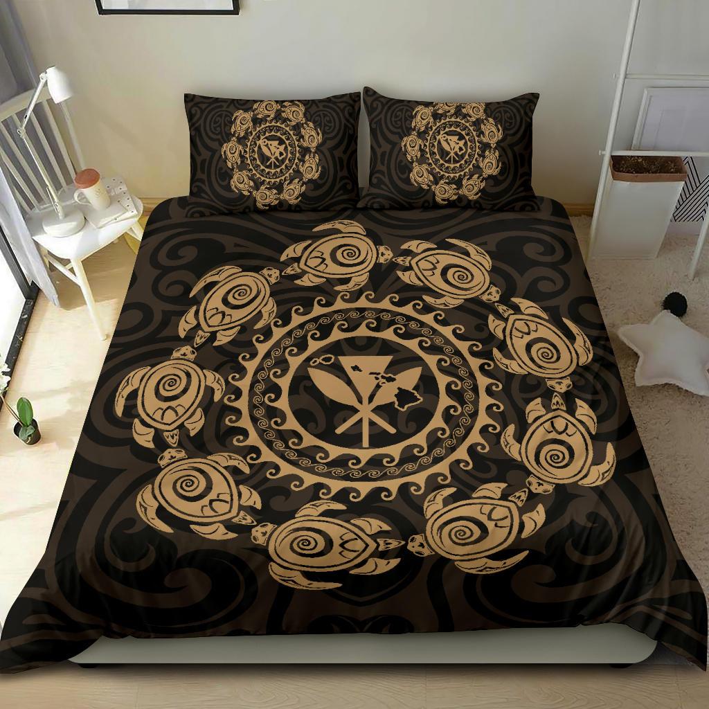Hawaiian Map Kanaka Turtles Circle Style Gold Polynesian Bedding Set - Polynesian Pride