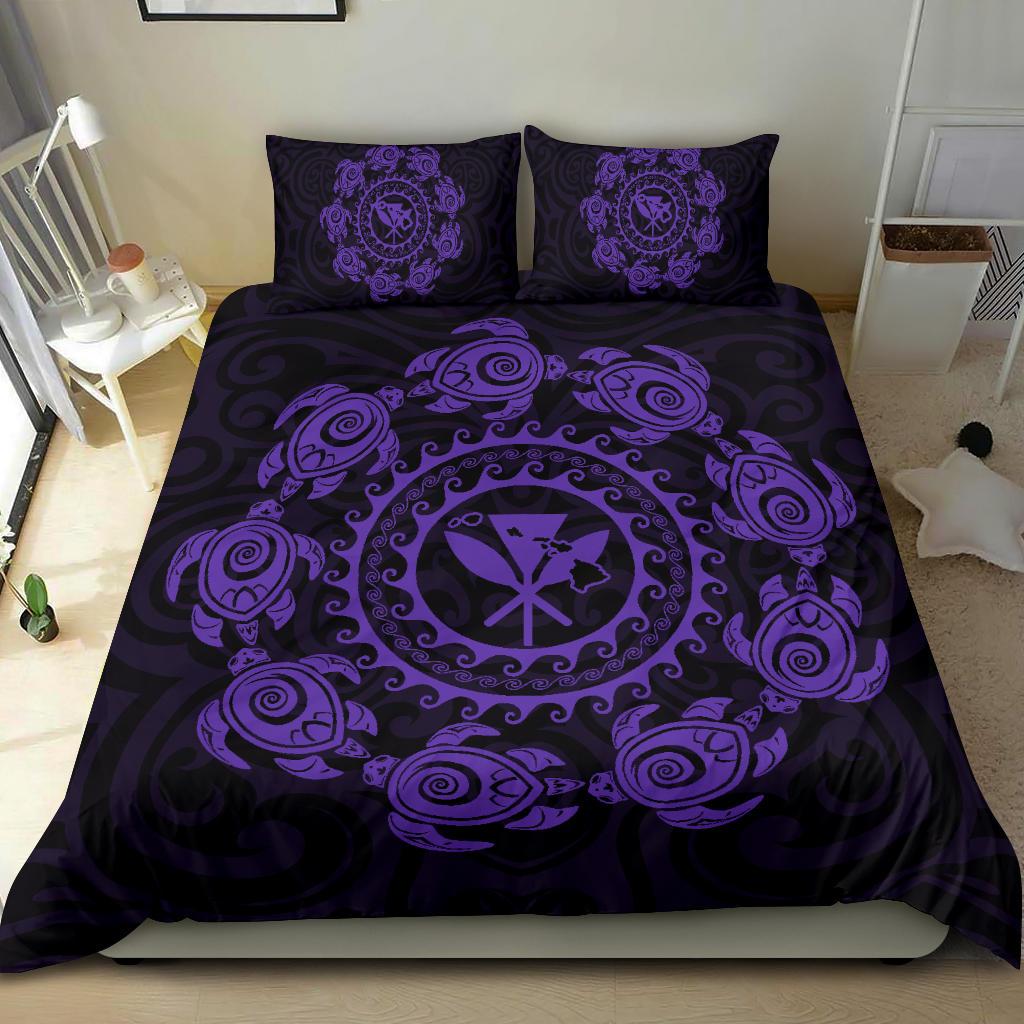 Hawaiian Map Kanaka Turtles Circle Style Violet Polynesian Bedding Set - Polynesian Pride
