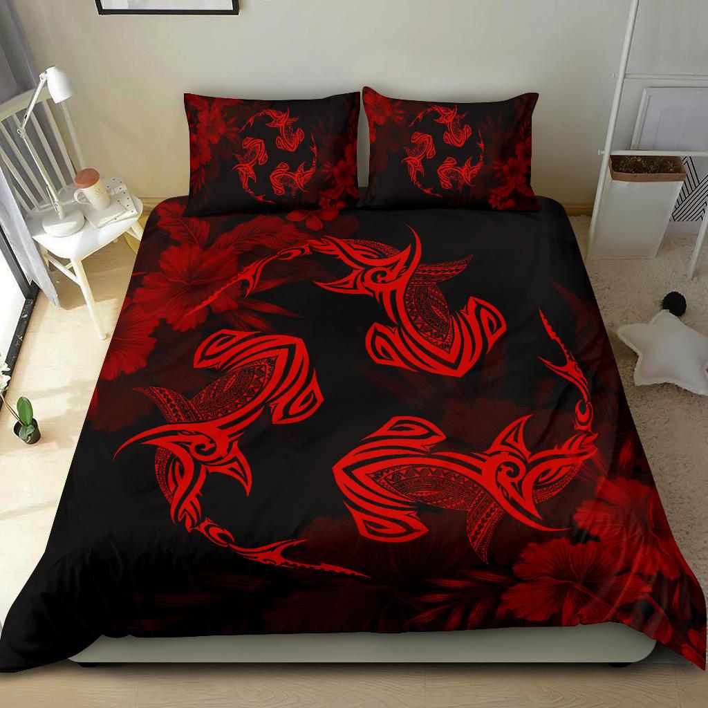 Hawaiian Hammerhead Shark Hibiscus Red Polynesian Bedding Set - Polynesian Pride