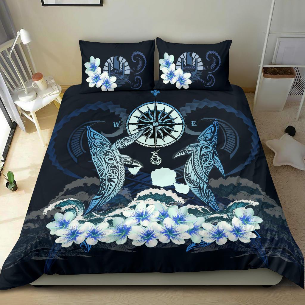 Polynesian Duvet Cover Set - Tahiti Bedding Set Shark Polynesia Compass Plumeria Blue - Polynesian Pride