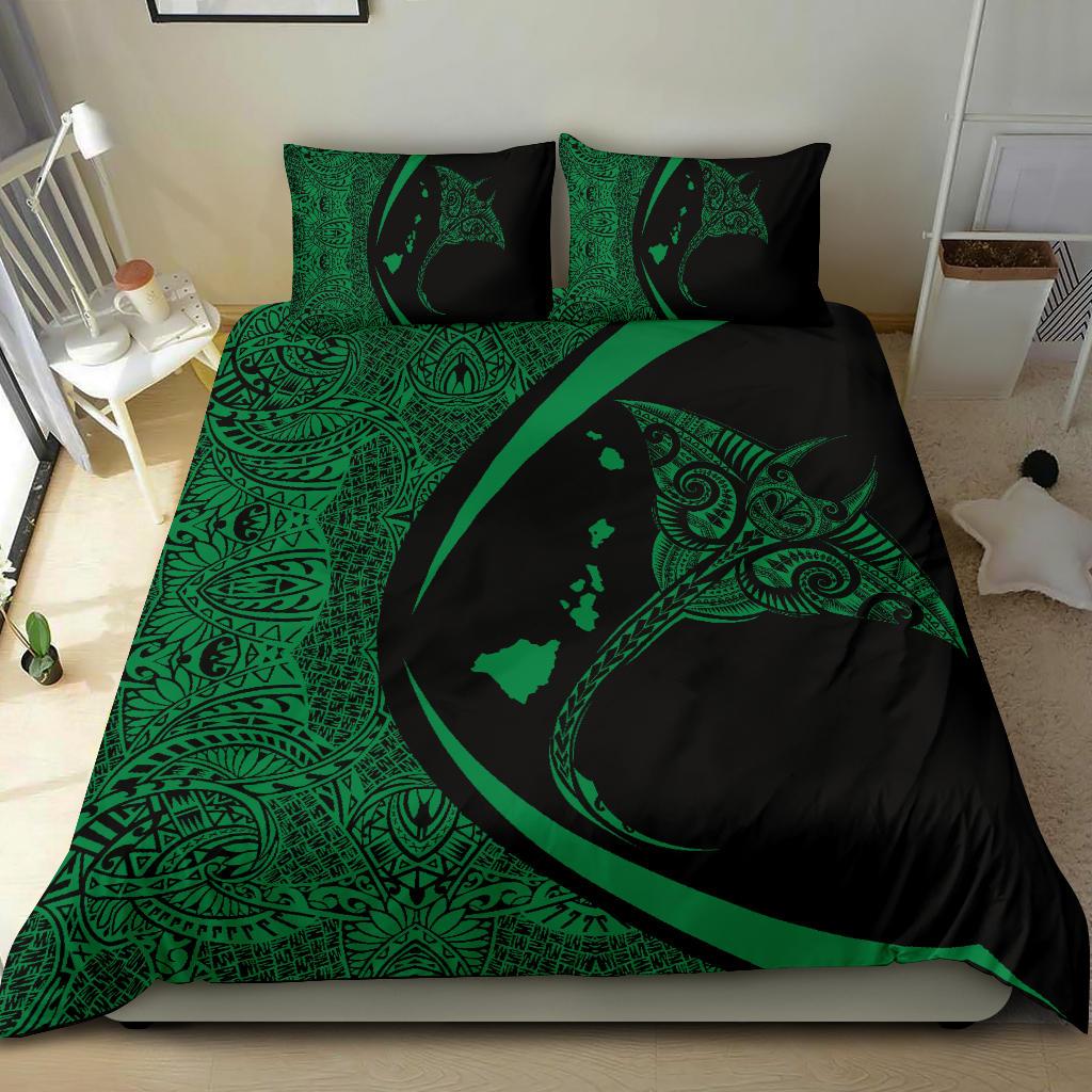 Hawaiian Map Manta Ray Polynesian Bedding Set - Green - Circle Style - Polynesian Pride