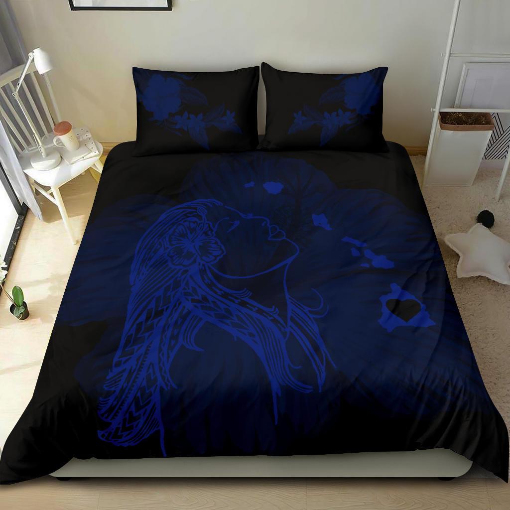 Hawaiian Map Heart Hula Girl Hibiscus Polynesian Bedding Set - Blue - Polynesian Pride