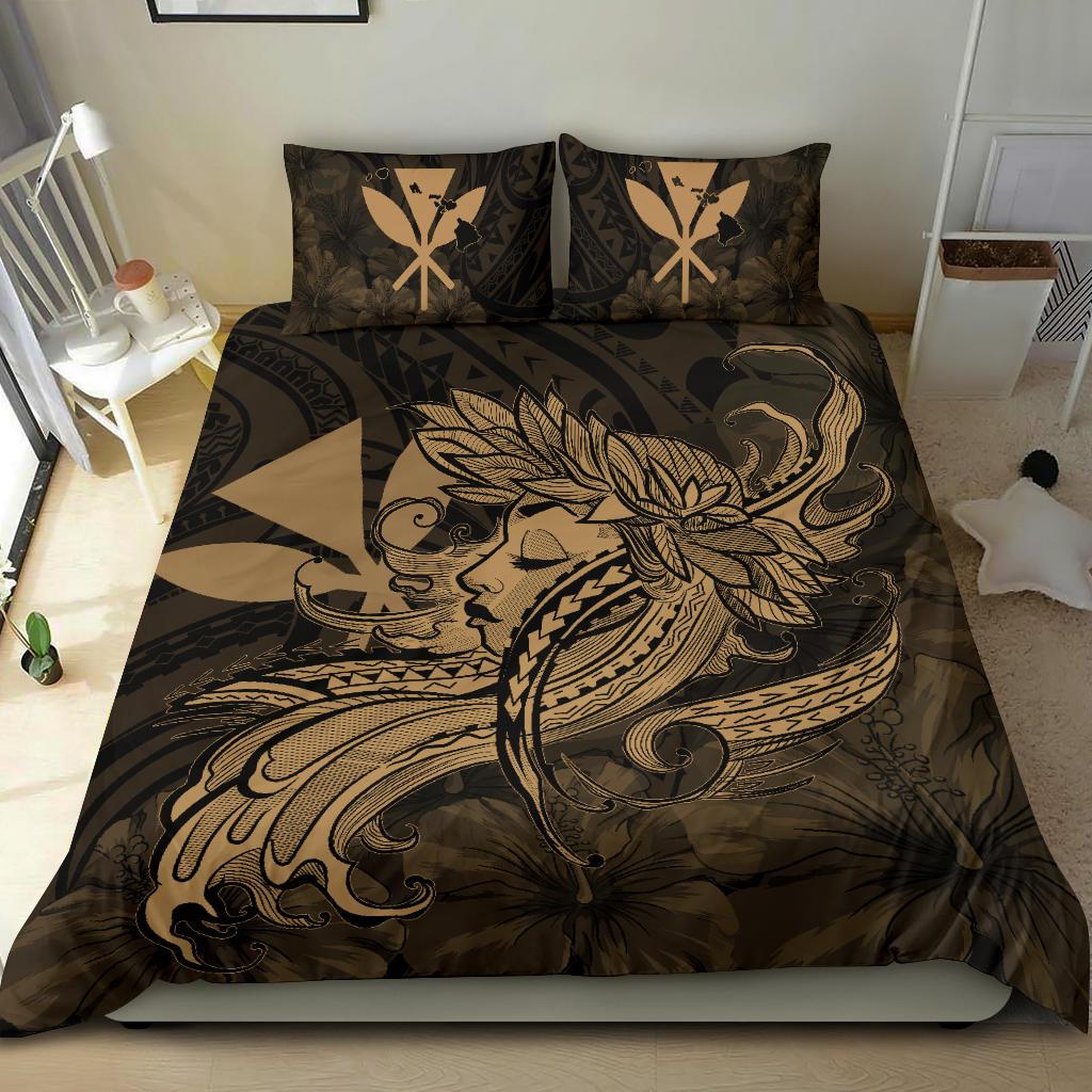 Hawaiian Map Hula Girl Hibiscus Kanaka Polynesian Bedding Set - Gold - Polynesian Pride