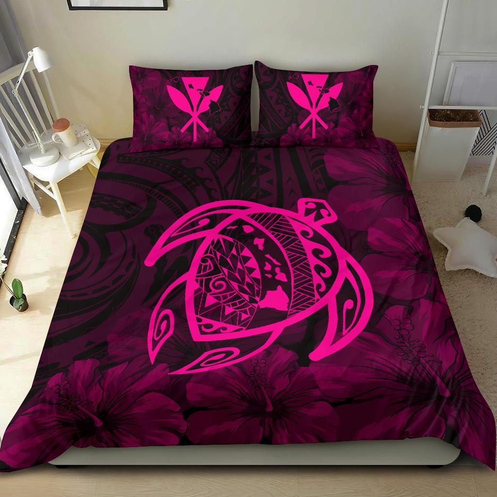 Hawaiian Map Turtle Kanaka Hibiscus Polynesian Bedding Set - Pink - Polynesian Pride