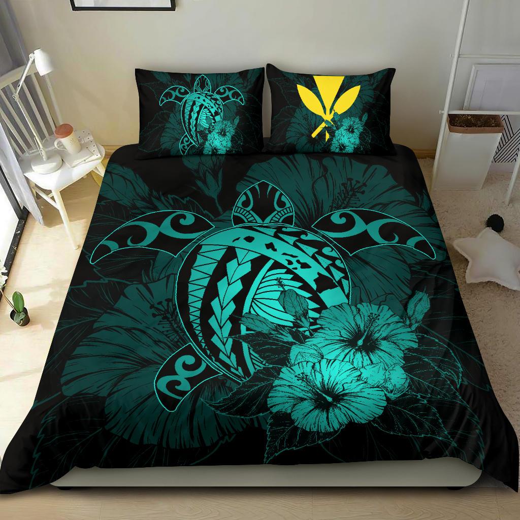 Hawaiian Map Hibiscus Kanaka Polynesian Bedding Set - Harold Turtle - Turquoise - Polynesian Pride