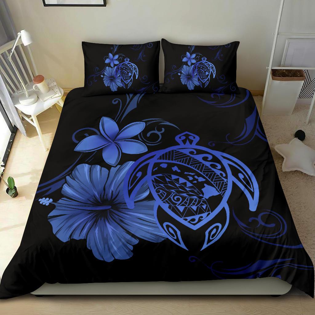 Hawaiian Map Turtle Hibiscus Plumeria Polynesian Bedding Set - Blue - Polynesian Pride